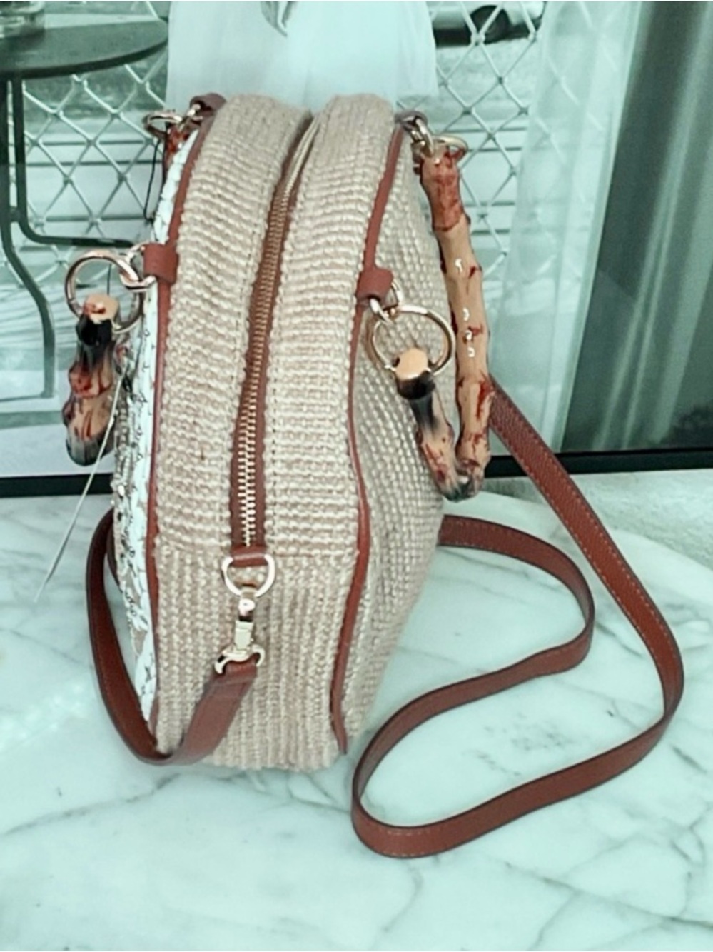 Chico's Round Woven Crossbody Bag in Natural and White with Brown Trim - Picture 6 of 8